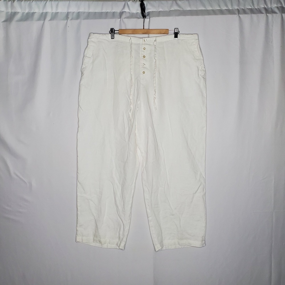 Bridgewater Studio White Linen Button Pants Women 24W Coastal Beachy Ankle Crop